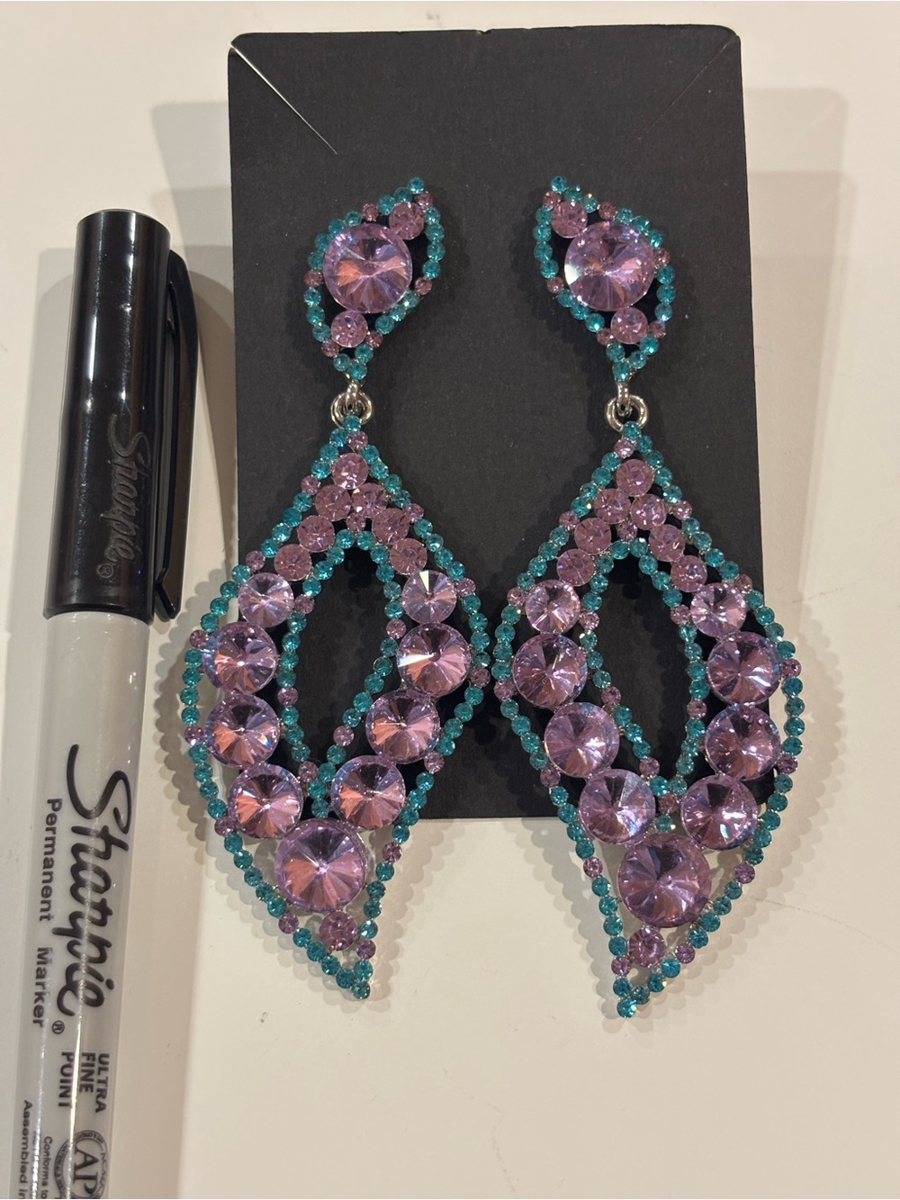 Crystal Teardrop Dangle Earrings - Purple and Teal